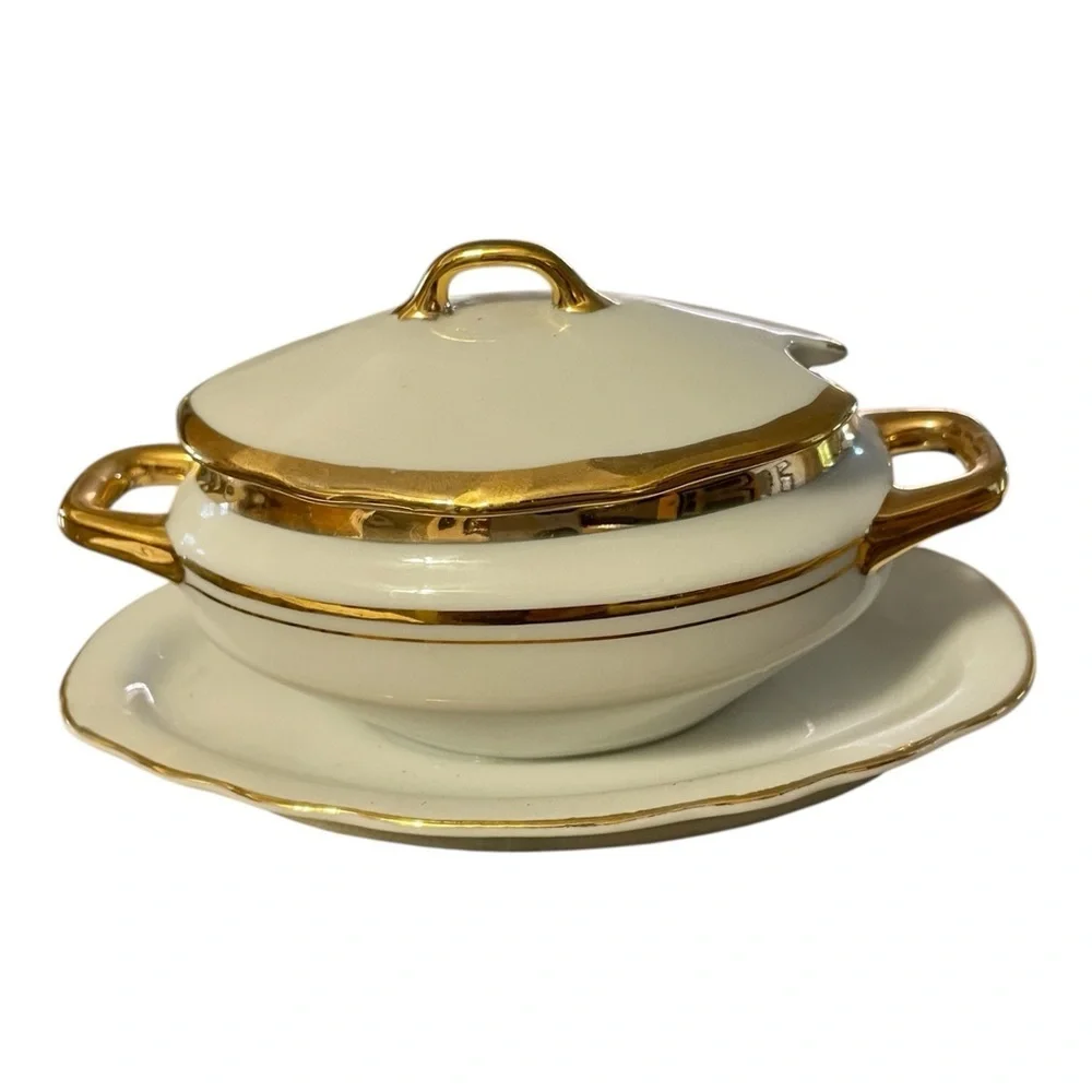Porcelaine Empire Gold & Cream Sugar Bowl Set, Lid and Attached Underplate.